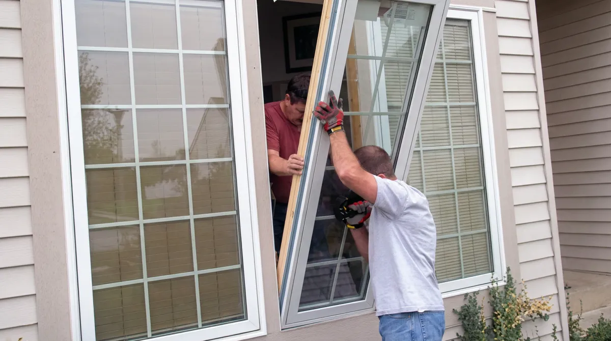 Professional home remodeling team installing a large replacement window on a house with tan siding in Sioux Falls, SD